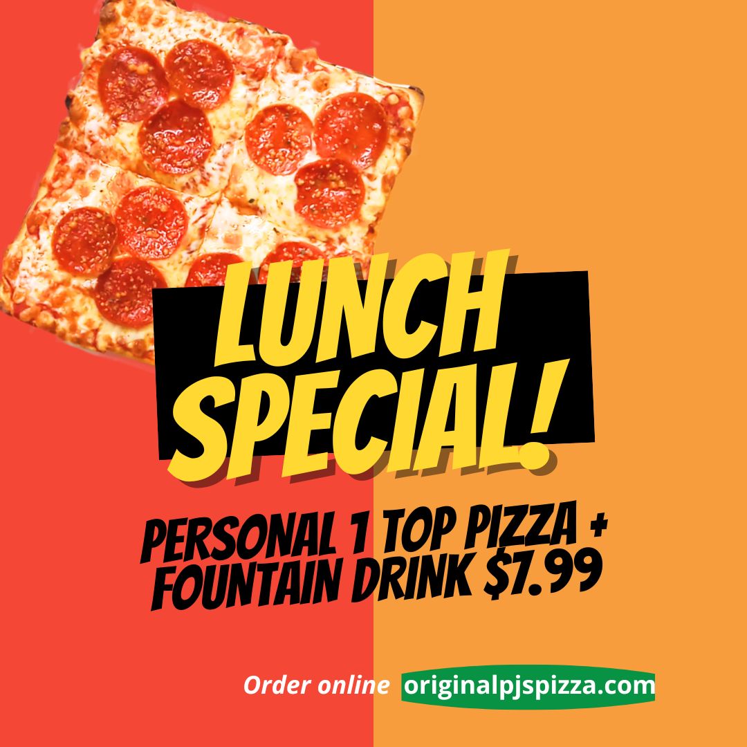 available at the moundsville location, personal 1 top pizza and a fountain drink for $7.99 lunch special.