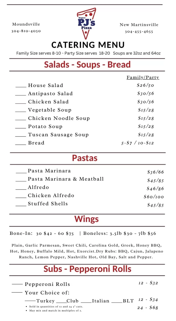 Catering menu for original pjs pizza. Print only version. reader freindly version available when clicking on menu item Ordering.